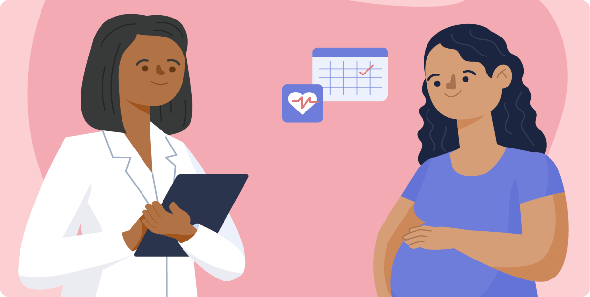 Illustration of a pregnant woman consulting with a doctor